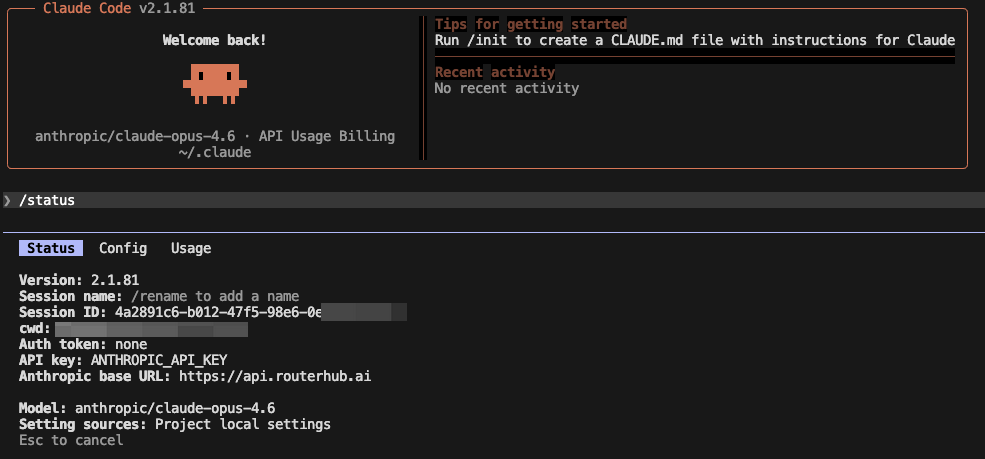 Claude Code /status output showing Pomex configuration